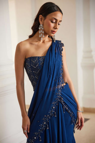 Teal blue geometric corset and draped sari