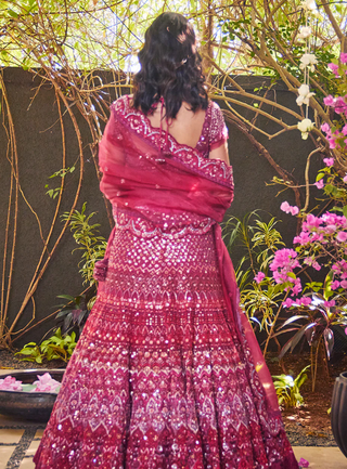 Jade By Monica & Karishma-Garnet Ombre Lehenga Set-INDIASPOPUP.COM