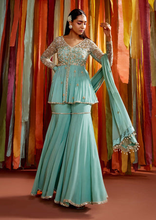 Sanya Gulati-Mint Green Gathers Peplum Sharara Set-INDIASPOPUP.COM