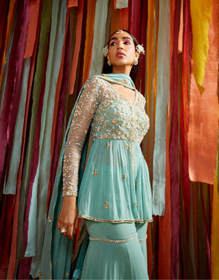 Sanya Gulati-Mint Green Gathers Peplum Sharara Set-INDIASPOPUP.COM