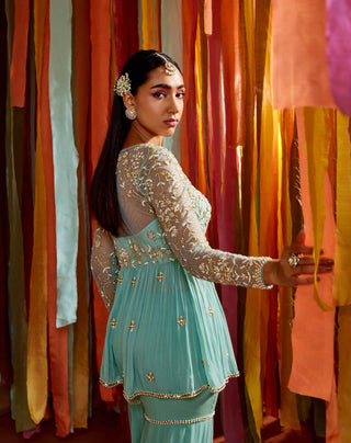 Sanya Gulati-Mint Green Gathers Peplum Sharara Set-INDIASPOPUP.COM