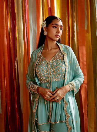 Sanya Gulati-Mint Green Gathers Peplum Sharara Set-INDIASPOPUP.COM