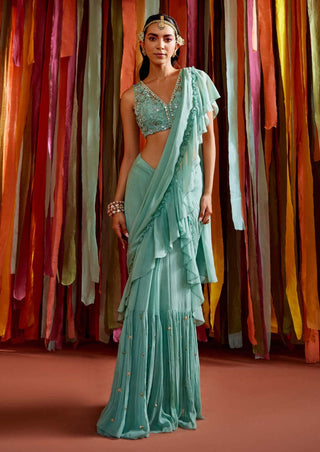 Sanya Gulati-Mint Green Ruffle Sari And Blouse-INDIASPOPUP.COM