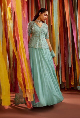 Sanya Gulati-Mint Green Peplum And Skirt Set-INDIASPOPUP.COM