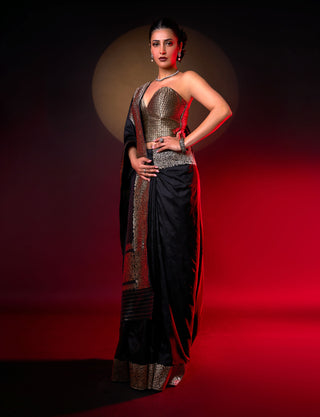 Black handwoven silk sari