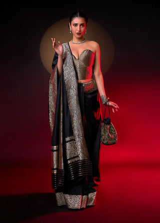 Black handwoven silk sari