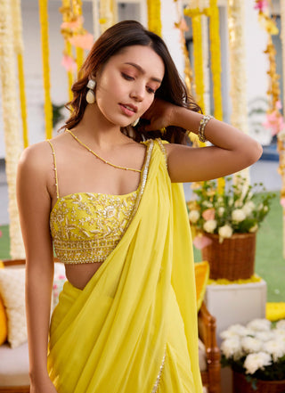 Sanya Gulati-Sunshine Yellow Pre-Draped Sari And Blouse-INDIASPOPUP.COM