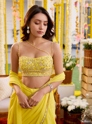 Sanya Gulati-Sunshine Yellow Pre-Draped Sari And Blouse-INDIASPOPUP.COM