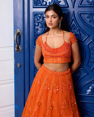 Sanya Gulati-Orange Tonal Embroidered Lehenga Set-INDIASPOPUP.COM