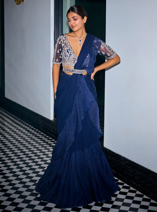 Sanya Gulati-Midnight Blue Ruffle Sari Set-INDIASPOPUP.COM