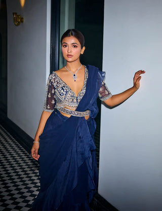 Sanya Gulati-Midnight Blue Ruffle Sari Set-INDIASPOPUP.COM