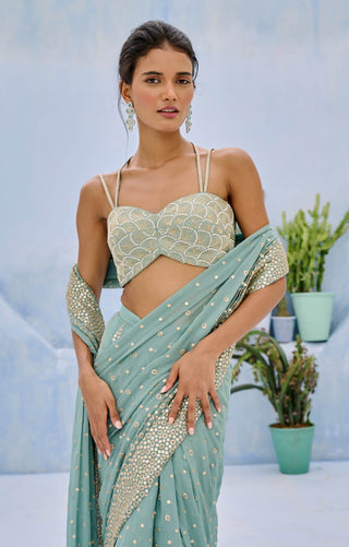 Dusty green sufi pre-draped sari and blouse