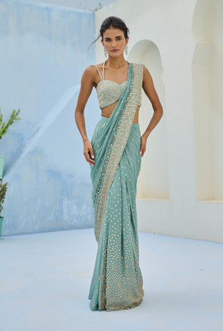 Dusty green sufi pre-draped sari and blouse