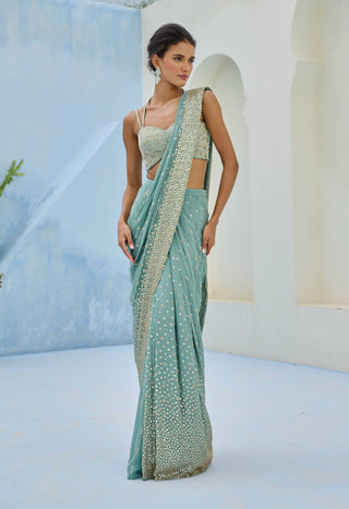 Dusty green sufi pre-draped sari and blouse