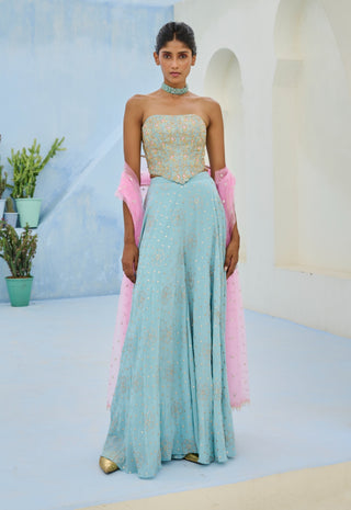 Blue and pink suhana flared pant and corset set