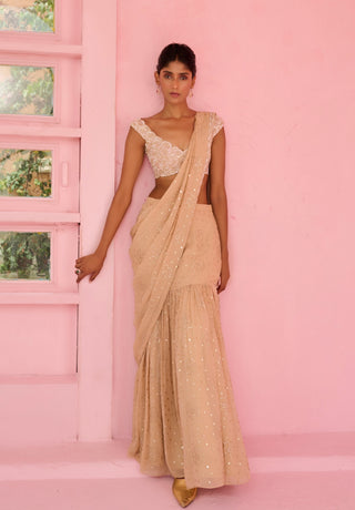 Beige suhana pre-draped sari and blouse