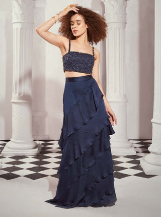 Navy Blue High Waist Layered Skirt by Nikita Mhaisalkar available on Indiaspopup.com