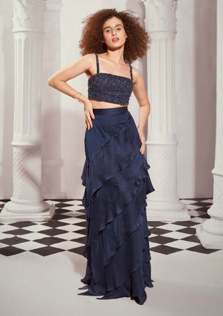 Navy Blue High Waist Layered Skirt by Nikita Mhaisalkar available on Indiaspopup.com