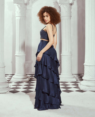 Navy Blue High Waist Layered Skirt by Nikita Mhaisalkar available on Indiaspopup.com