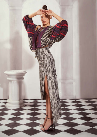 Black & White Byzantine Print Asymmetric Skirt by Nikita Mhaisalkar available on Indiaspopup.com