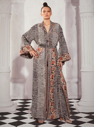 Black & White Byzantine Print Slit Gown by Nikita Mhaisalkar available on Indiaspopup.com