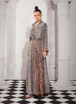 Black & White Byzantine Print Slit Gown by Nikita Mhaisalkar available on Indiaspopup.com