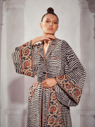 Black & White Byzantine Print Slit Gown by Nikita Mhaisalkar available on Indiaspopup.com