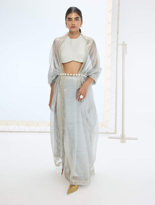 Sea green eva sari and unstitched blouse