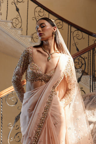 Peach organza draped sari and blouse