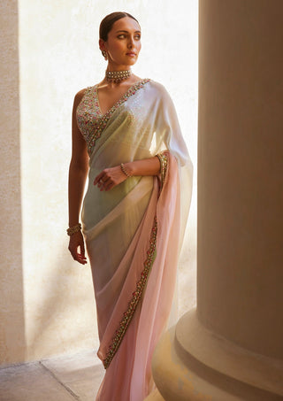 Green pink ombre draped sari and blouse