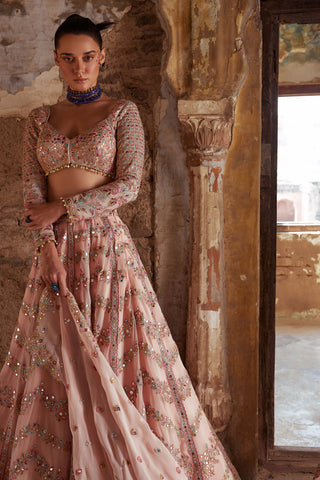 Tamanna Punjabi Kapoor-Peach Georgette Chevron Embroidered Lehenga Set-INDIASPOPUP.COM