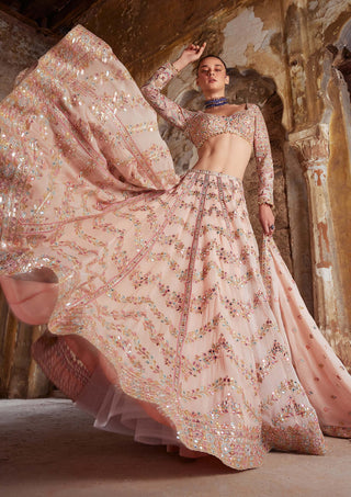 Tamanna Punjabi Kapoor-Peach Georgette Chevron Embroidered Lehenga Set-INDIASPOPUP.COM