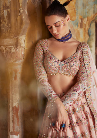 Tamanna Punjabi Kapoor-Peach Georgette Chevron Embroidered Lehenga Set-INDIASPOPUP.COM