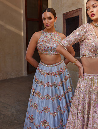 English Blue Mirror Lehenga Set by Tamanna Punjabi Kapoor available on Indiaspopup.com