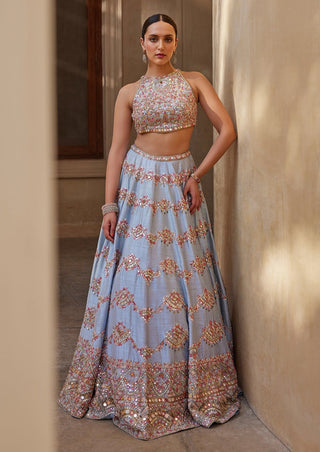English Blue Mirror Lehenga Set by Tamanna Punjabi Kapoor available on Indiaspopup.com