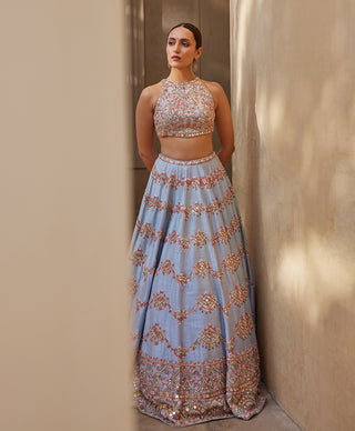 English Blue Mirror Lehenga Set by Tamanna Punjabi Kapoor available on Indiaspopup.com