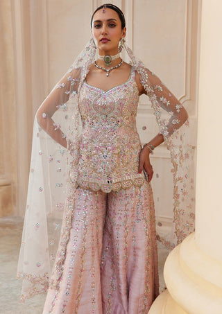 Pink Rawsilk Mirror Sharara Set by Tamanna Punjabi Kapoor available on Indiaspopup.com