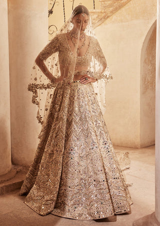 Champagne Rawsilk Mirror Lehenga Set by Tamanna Punjabi Kapoor available on Indiaspopup.com