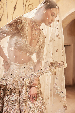 Champagne Rawsilk Mirror Lehenga Set by Tamanna Punjabi Kapoor available on Indiaspopup.com