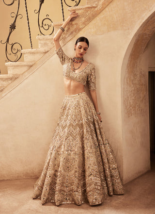 Champagne Rawsilk Mirror Lehenga Set by Tamanna Punjabi Kapoor available on Indiaspopup.com