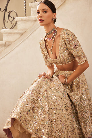 Champagne Rawsilk Mirror Lehenga Set by Tamanna Punjabi Kapoor available on Indiaspopup.com
