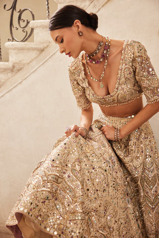Champagne Rawsilk Mirror Lehenga Set by Tamanna Punjabi Kapoor available on Indiaspopup.com
