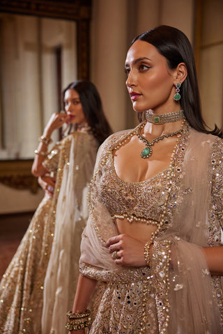 Dusky Rose Mirror Lehenga Set by Tamanna Punjabi Kapoor available on Indiaspopup.com