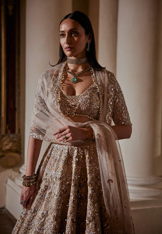 Dusky Rose Mirror Lehenga Set by Tamanna Punjabi Kapoor available on Indiaspopup.com