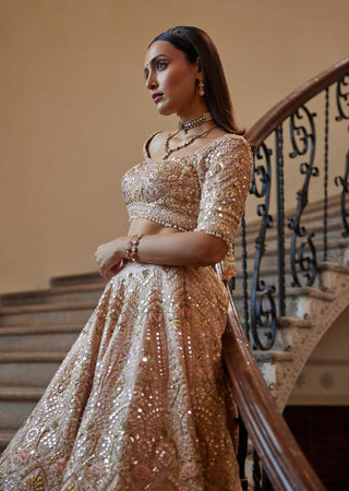 Peach Mirror Raw Silk Lehenga Set by Tamanna Punjabi Kapoor available on Indiaspopup.com