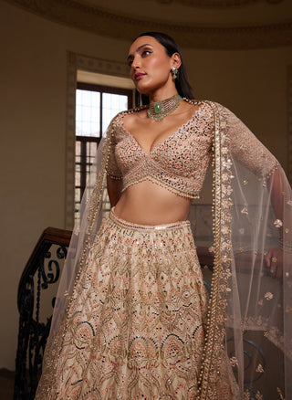 Peach Self Embroidered Mirror Lehenga Set by Tamanna Punjabi Kapoor available on Indiaspopup.com