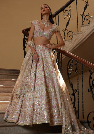 Ice Pink Mirror Lehenga Set by Tamanna Punjabi Kapoor available on Indiaspopup.com