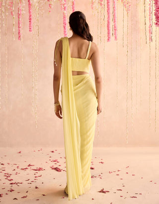 Lemon yellow embellished choli and pre-draped sari