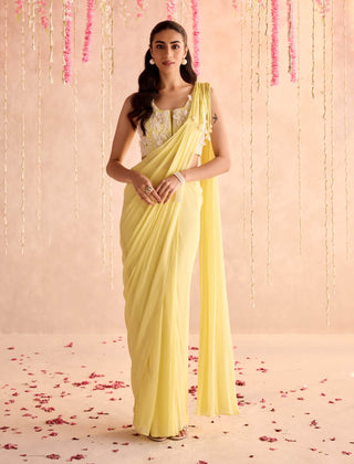 Lemon yellow embellished choli and pre-draped sari