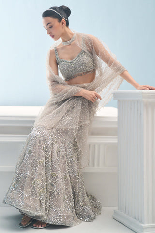 Silver gray tulle drape lehenga set